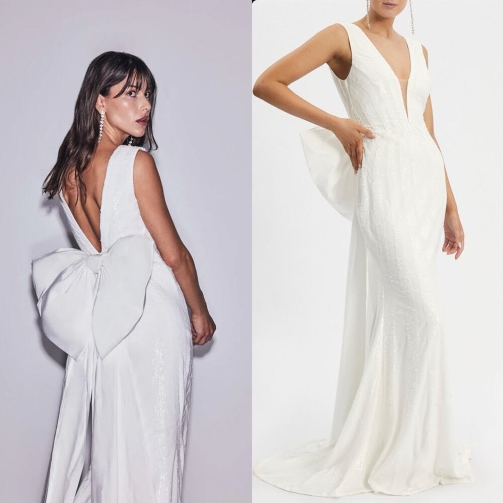 Rebecca Vallance Davina Dress Bridal Sequin Plunge Neck Bow Back Ivory Size 8